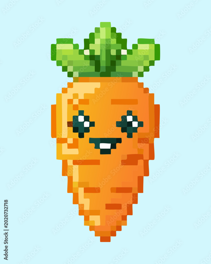 Obraz premium Kawaii carrot vegetable pixel art character with big eyes for healthy eating promotion and farm life simulation game interface design project assets