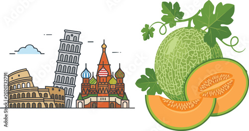 Bild auf Leinwand World Landmark and Fresh Cantaloupe Melon Collection Vector Illustration Set