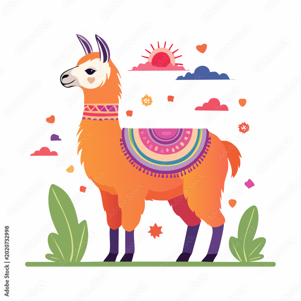 Naklejka premium Cute Llama Illustration with Colorful Blanket and Sun