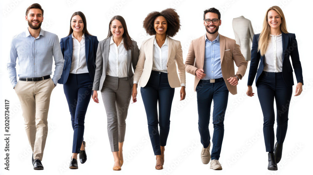 Obraz premium Diverse professionals walking together in business attire during daytime