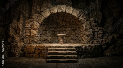 An ancient medieval castle entrance features an old brick wall and a historic stone tunnel with an archway leading to a ruin
