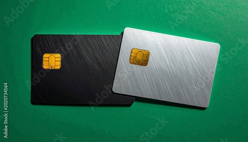 Two metallic payment cards, one black and one silver, with gold chips on a green background.