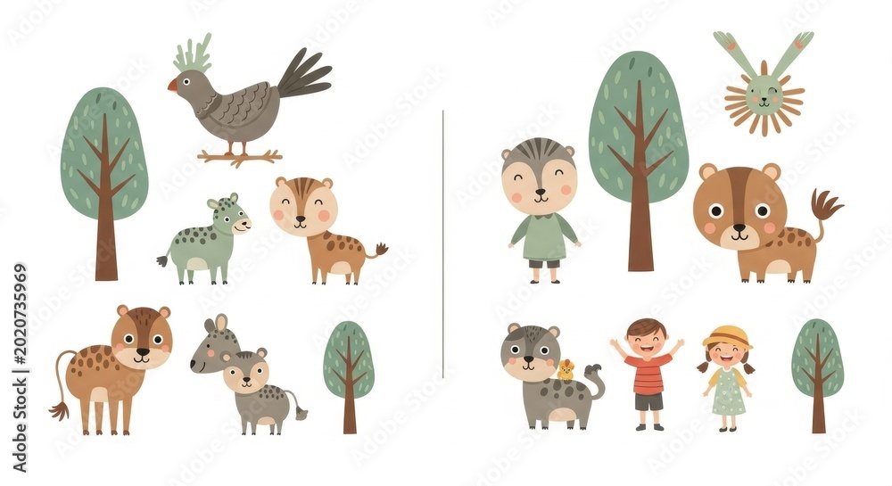 Fototapeta premium Whimsical Cartoon Animals and Trees on White Background.