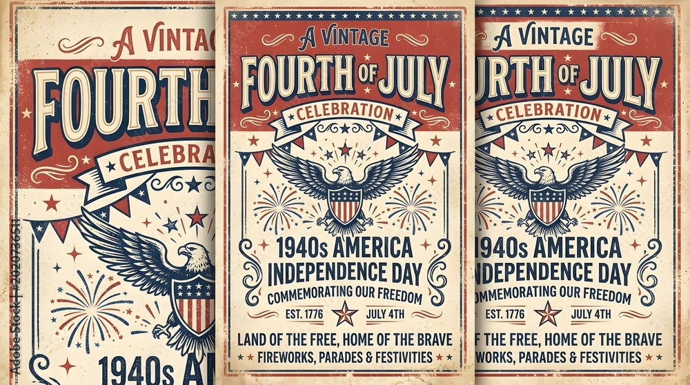 Fototapeta premium Vintage Fourth of July celebration poster with 1940s American patriotic elements and fireworks