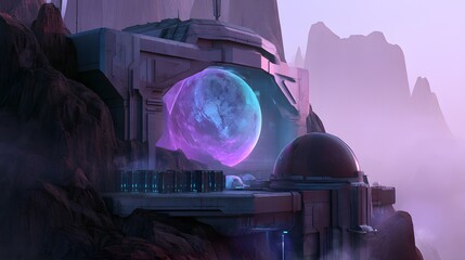 Leinwandbilder Aubergine Futuristic research outpost blends seamlessly into mountains showcasing a holographic planetary view  © decorator
