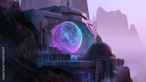 Futuristic research outpost blends seamlessly into mountains showcasing a holographic planetary view