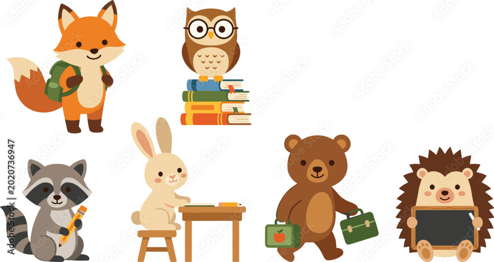Fototapeta premium Cute Woodland Animals Back to School Vector Character Set Featuring Fox, Owl, Rabbit, Bear, Raccoon, and Hedgehog with Educational Supplies