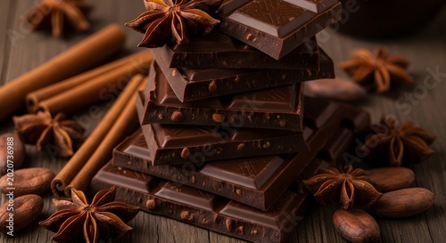 Stack of dark chocolate bars with star anise and cinnamon sticks