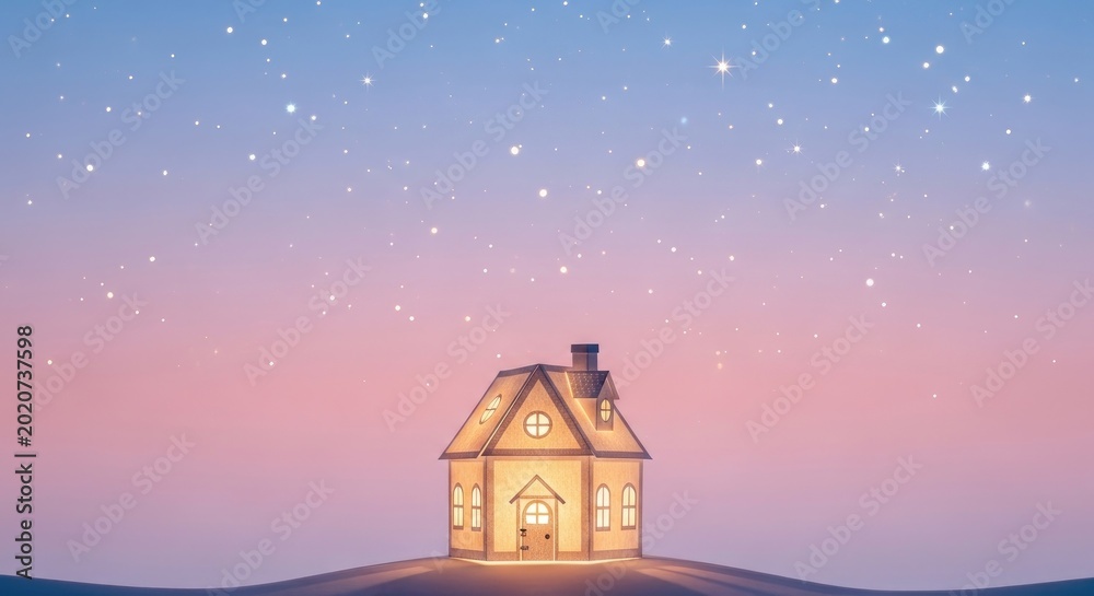 Fototapeta premium Whimsical Illuminated House Under a Starry Sky at Dusk, Dreamlike Scene.