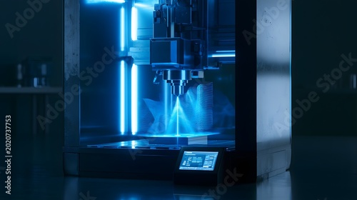 Futuristic CNC Milling Machine Projects Holographic Waves in a Dark Industrial Workshop