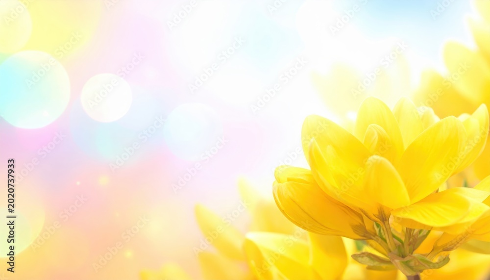 Obraz premium Bright yellow flowers against a dreamy pastel bokeh background, perfect for spring and nature-themed projects.