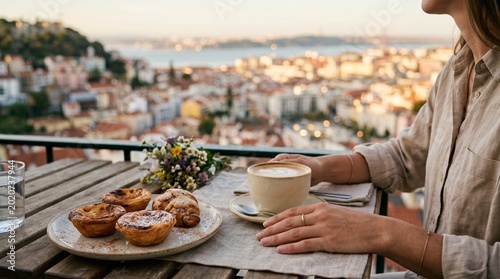 Woman Enjoying Coffee and Pastries with Scenic City View from Outdoor Terrace Cafe