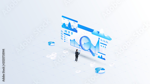 Canvastavla Isometric stock market financial data analyzing with magnifying glass, business