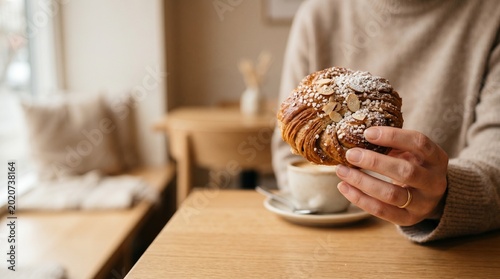 Person Holding Croissant with Coffee Cup in Cozy Cafe, Morning Breakfast Lifestyle Concept