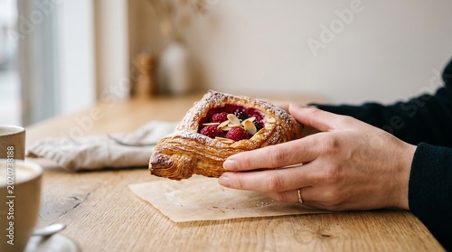 Hand Holding Fresh Pastry on Wooden Table with Coffee, Cozy Breakfast Lifestyle Concept
