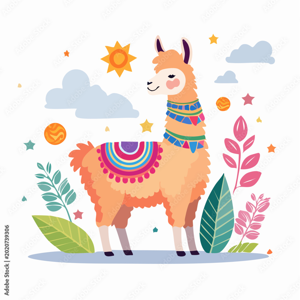 Fototapeta premium Cute Llama with Colorful Blanket and Festive Decorations