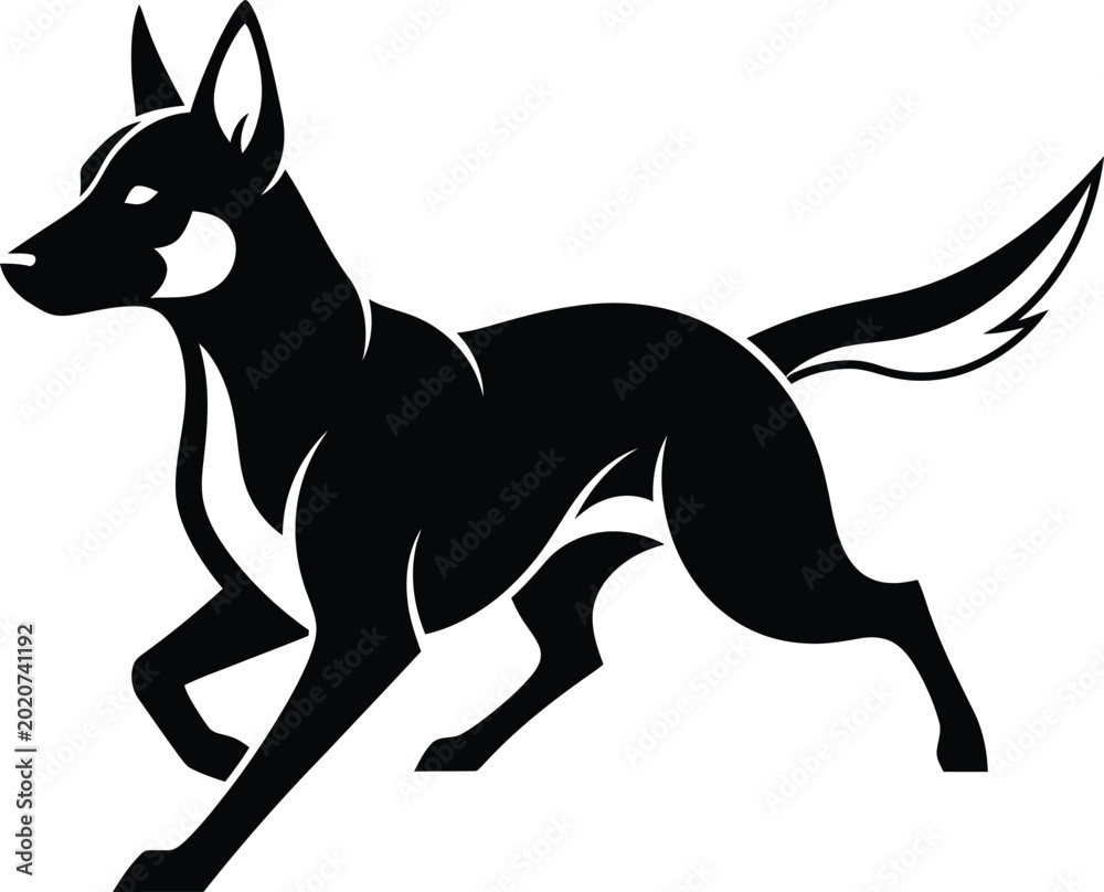 Fototapeta premium Black silhouette of a dog running fast to the left