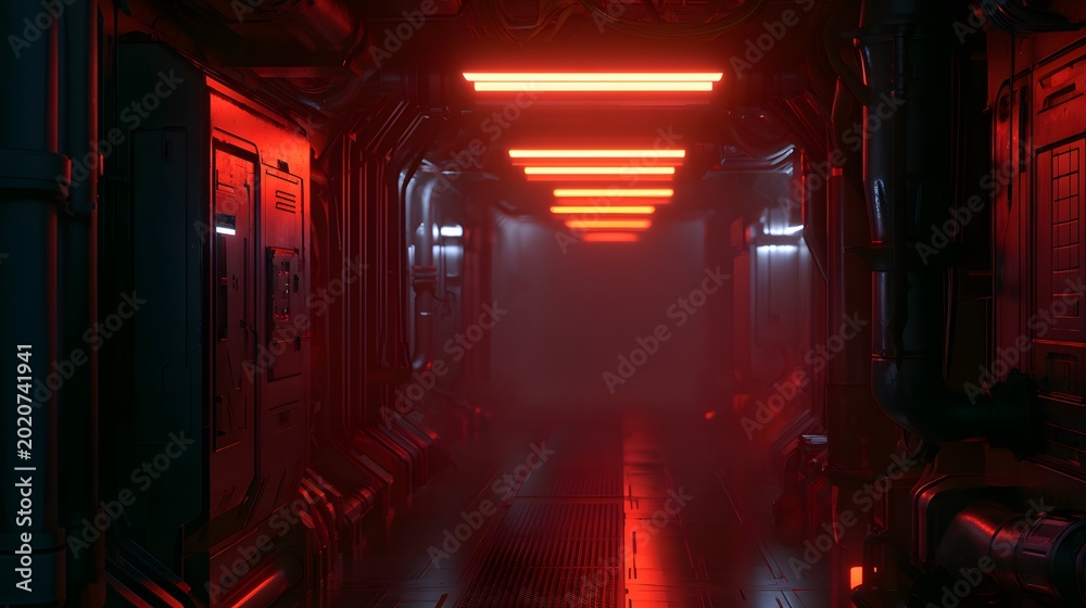 Naklejka premium Glimpse into a retro futuristic corridor bathed in emergency red and orange light industrial design
