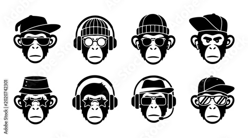 Canvas Print Cool Monkey Faces Vector Icons, Hip Hop Style Ape Heads with Sunglasses and Hats