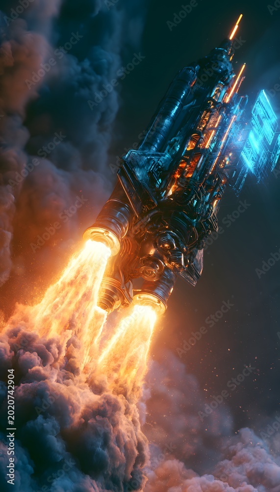 Fototapeta premium Retro rocket ascends through clouds a breathtaking vision of futuristic technology and engineered design