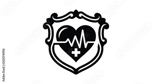 medical shield icon with heart and electrocardiogram line