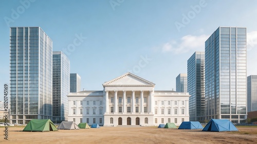 White building with tents in front of skyscrapers