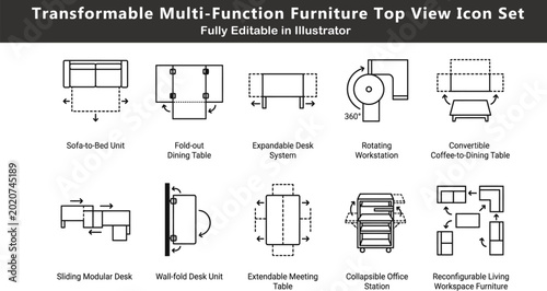 Bild auf Leinwand Transformable Furniture Vector Icons Set Top View Convertible Sofa Bed Expandabl