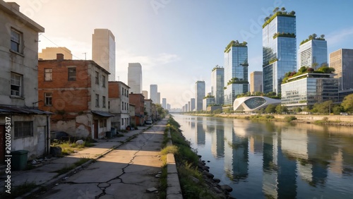 Urban riverfront with old and new buildings
