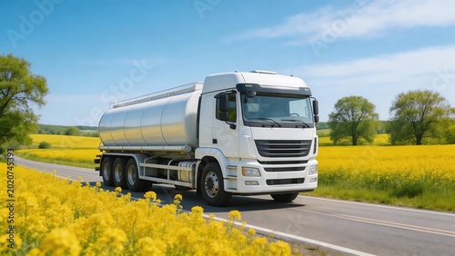 White tanker truck on road with yellow flowers