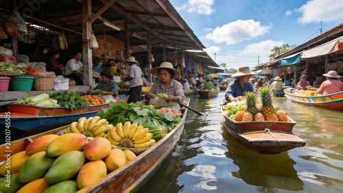 Floating market with boats selling fruits and vegetables