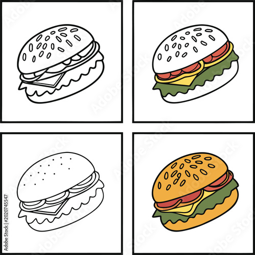Hamburger Outline and Color Illustration Set