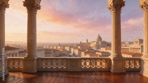 Balcony view of historic cityscape at sunset