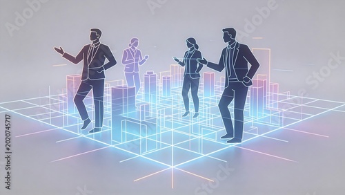 Business people in digital cityscape