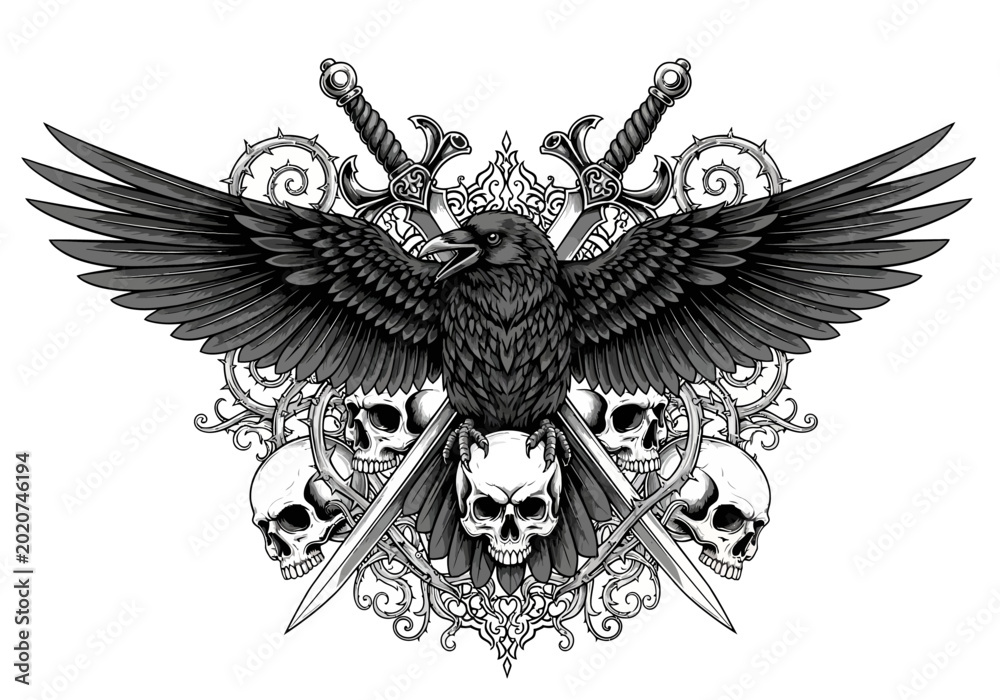Naklejka premium Intricate raven with spread wings and crossed swords illustration.
