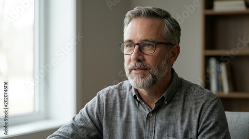 Middle-aged man with a beard speaking thoughtfully during a documentary interview setup.