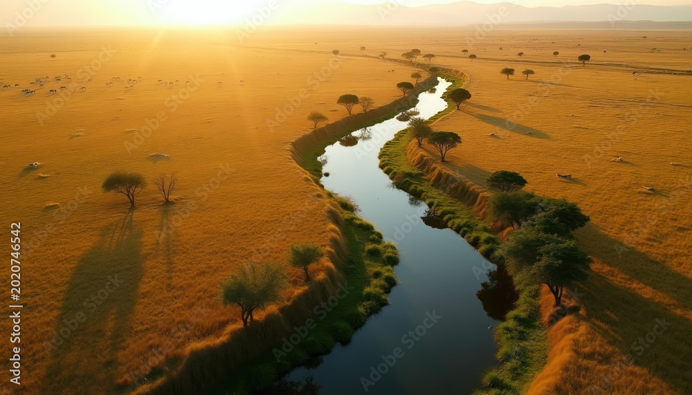 Obraz premium Golden savanna plains with meandering river. Wildlife like zebras graze near trees under warm sun. Aerial view shows vast dry grassland and water source.