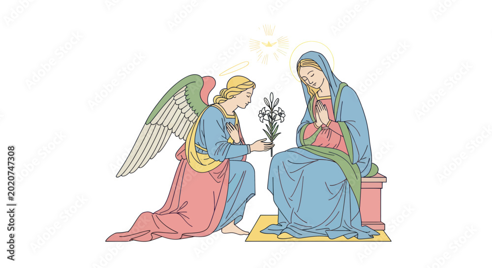 Fototapeta premium Annunciation Angel Delivering Lily to Praying Virgin Mary Illustration