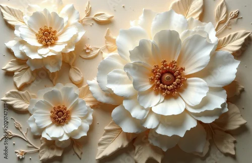Panel kuchenny z motywem Three dimensional clay flowers with textured petals, gold centers arranged elegantly. Creamy white blossoms with soft golden stamen create luxurious botanical design for decor. Artful floral