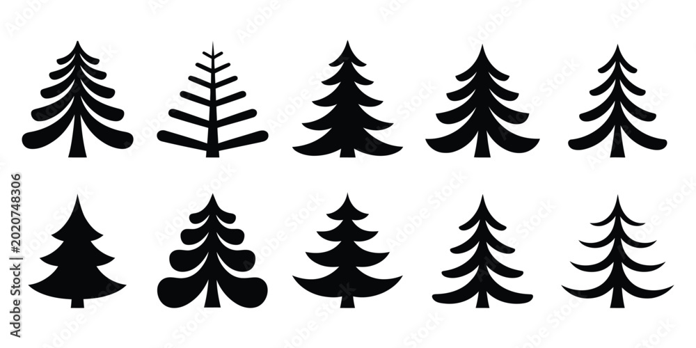Obraz premium Christmas Tree Collection Silhouette Vector Holiday Pine Icon Set. Creative Christmas tree collection silhouette featuring festive pine icons, winter holiday decoration, and seasonal design.