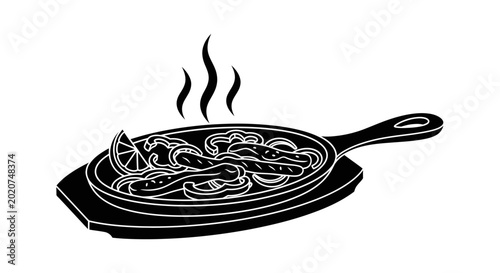 Photos Fajita skillet served sizzling with fresh lime and vegetables represents a delicious restaurant meal prepared for dining