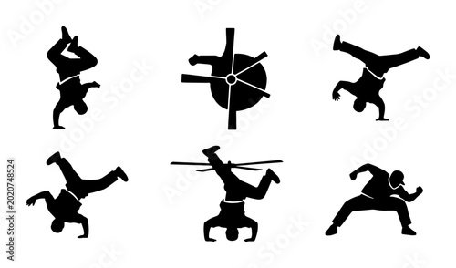 Obraz na plátně Breakdancing Silhouette Icons, Dynamic B-Boy Poses, Urban Street Dance Moves, Ve