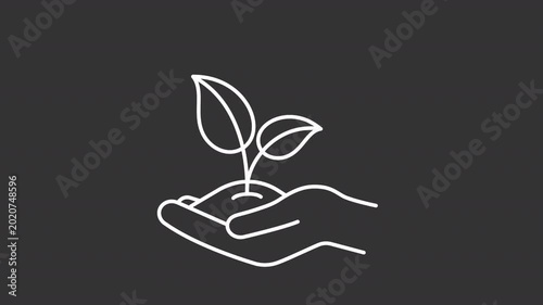 Animated hand holding young sprout white line icon. Environment protection animation. Restoring forests seedling. Plants growing process. Isolated element on dark background. Alpha transparent video