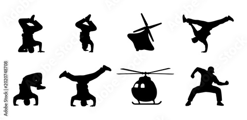 Fotografie Dynamic Breakdance Silhouettes and Helicopter Icons, Action Poses, Movement Grap