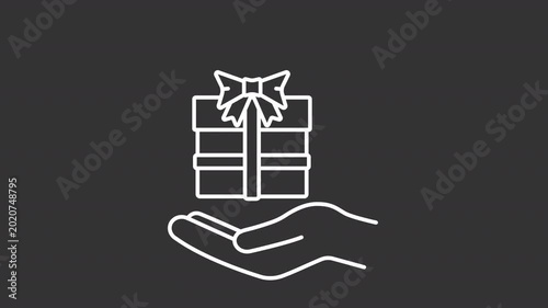 Animated hand holding giftbox white line icon. Holiday present animation. Surprise for special occasion. Festive event celebration. Isolated element on dark background. Alpha transparent video