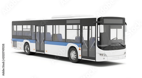Modern white city bus with blue stripe isolated on white background for public transportation concepts