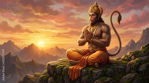 Hanuman meditating on a mountain peak at sunset