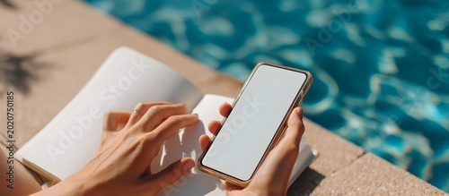 using a mobile phone in the pool in summer while working