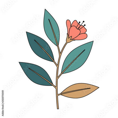 Minimalist Peach Flower and Teal Leaves Branch