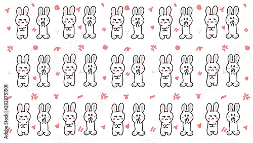 Foto Seamless pattern of cute hand-drawn bunny characters with grumpy and shy expressions