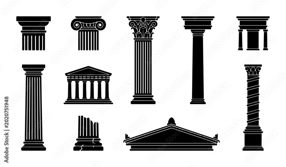 Foto Ancient Greek and Roman Columns Set, Classical Architecture Elements, Architectu
